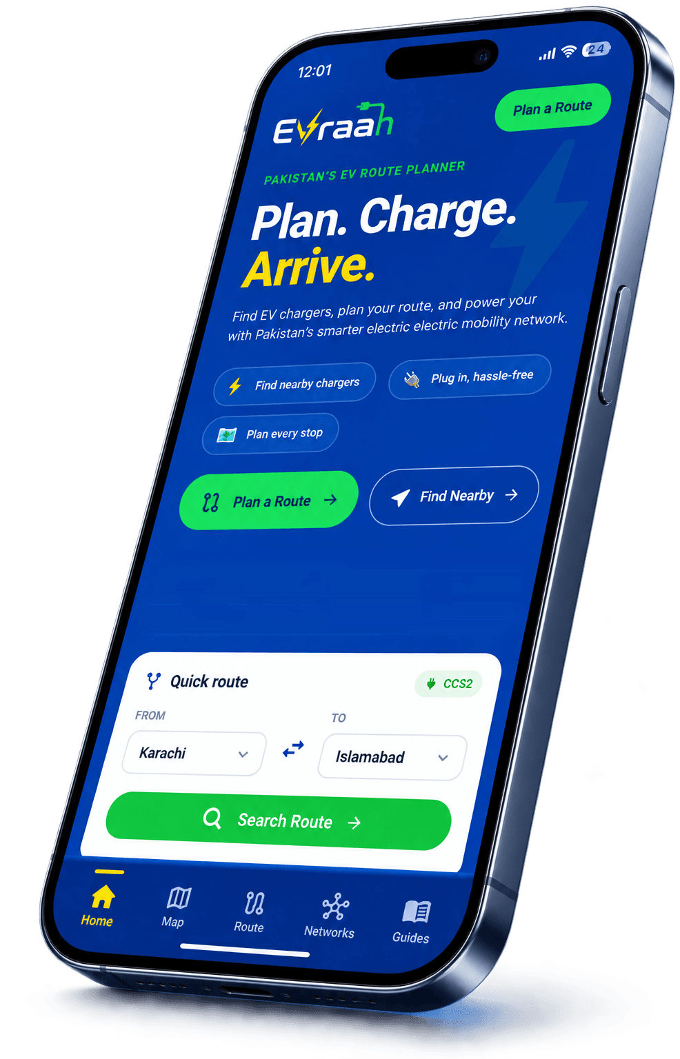 The EVraah app's home screen, planning a route from Karachi to Islamabad
